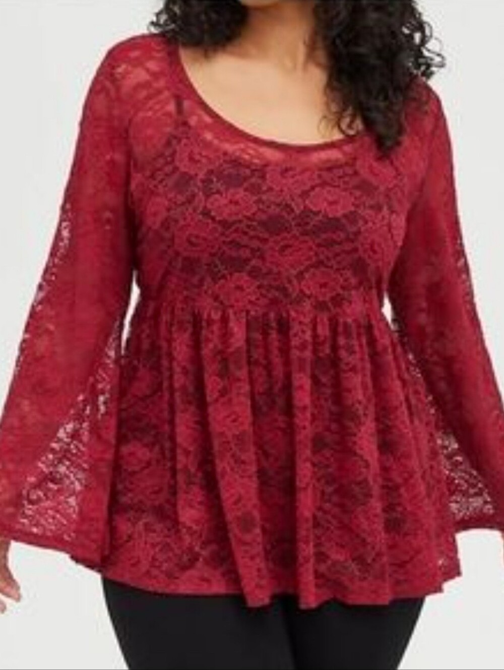 Torrid Burgundy Floral Lace Babydoll Blouse Long Sleeve Size 1 (14/16)